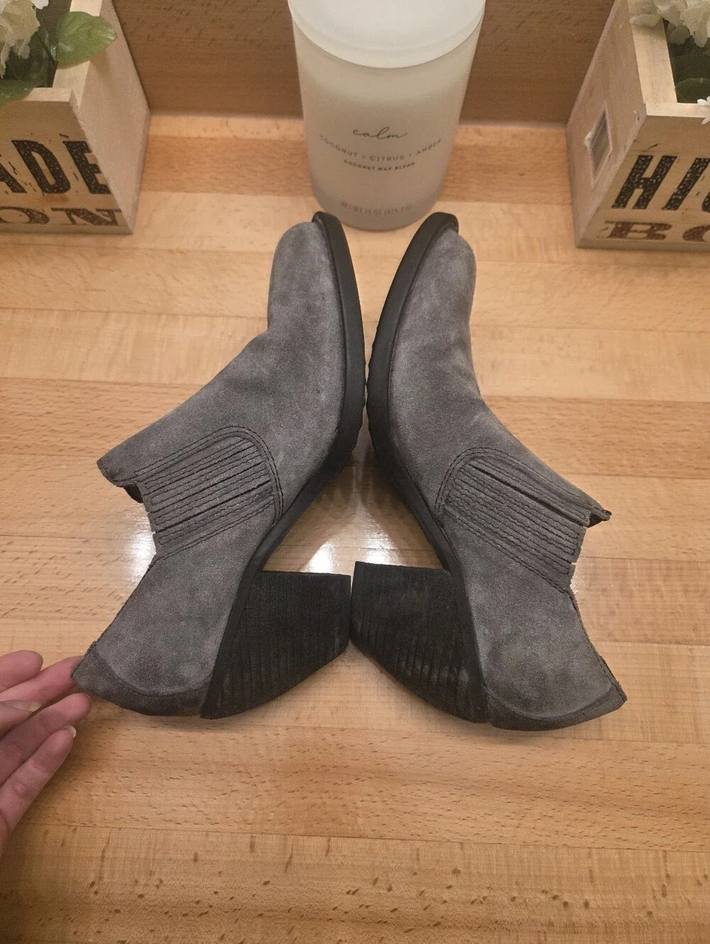 Born Womens Fredrika Boots Size 7 Gray Distressed Suede Bootie Mid Block Heel